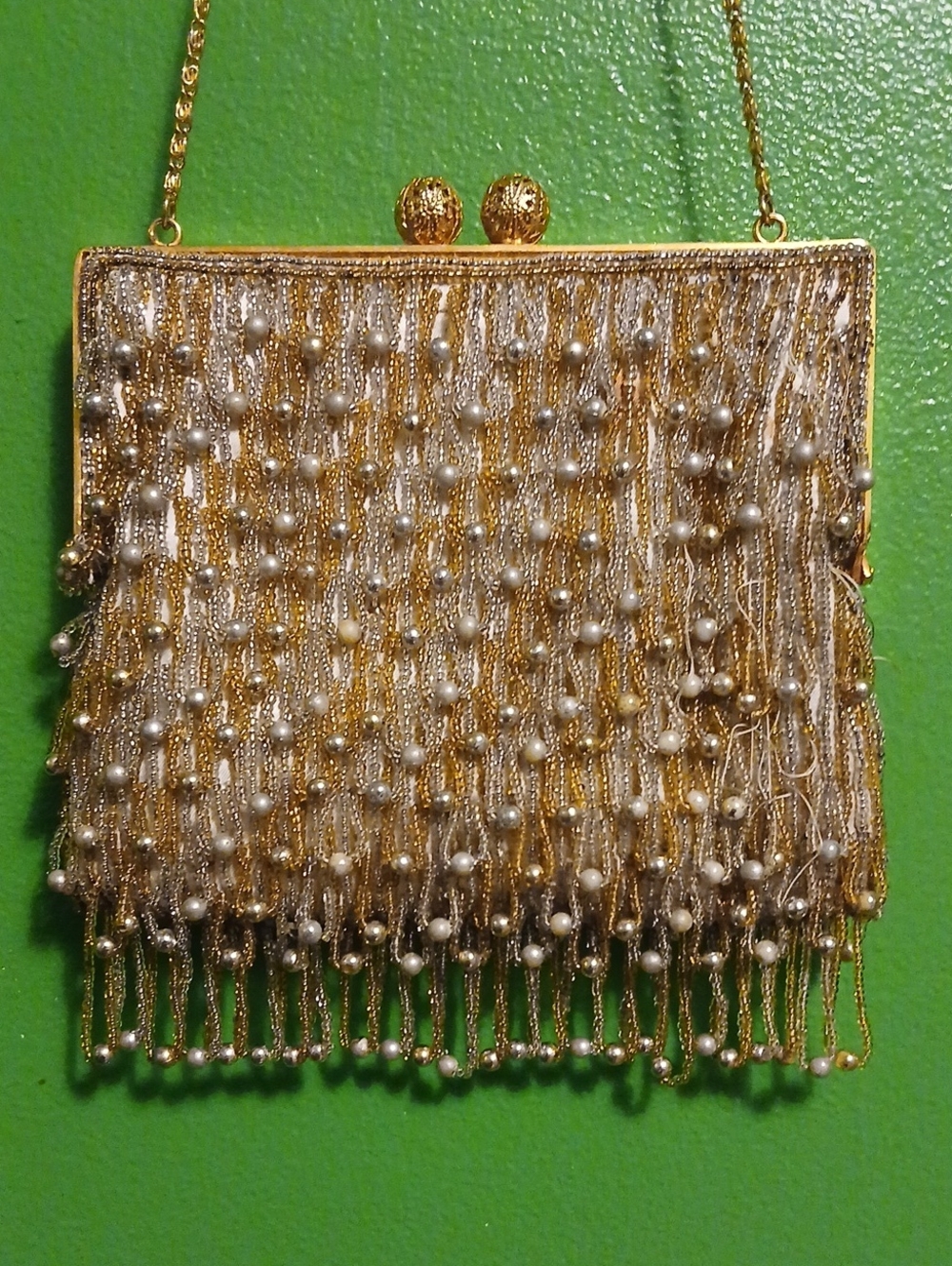 Walborg Vintage Gold Beaded Evening Bag with Pearl Accents
